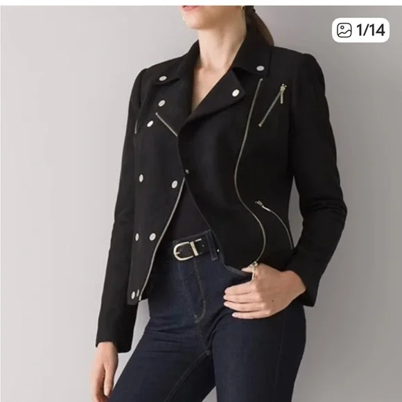 White House Black Market Black Faux Suede Moto Jacket - Silver Hardware Sz 8 - Picture 2 of 14
